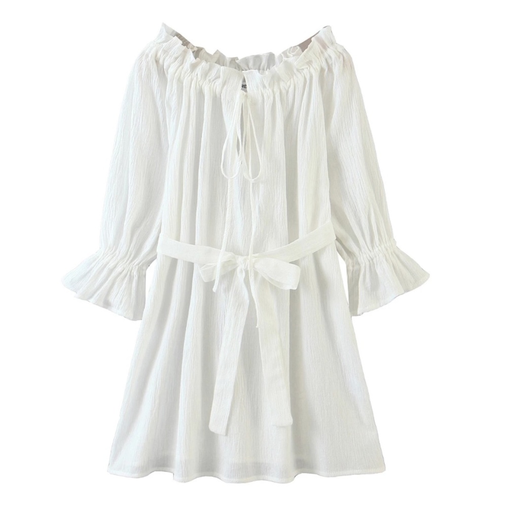 Boho Linen Ruffle Oversized Minimalist White Dress - Picture 6 of 6